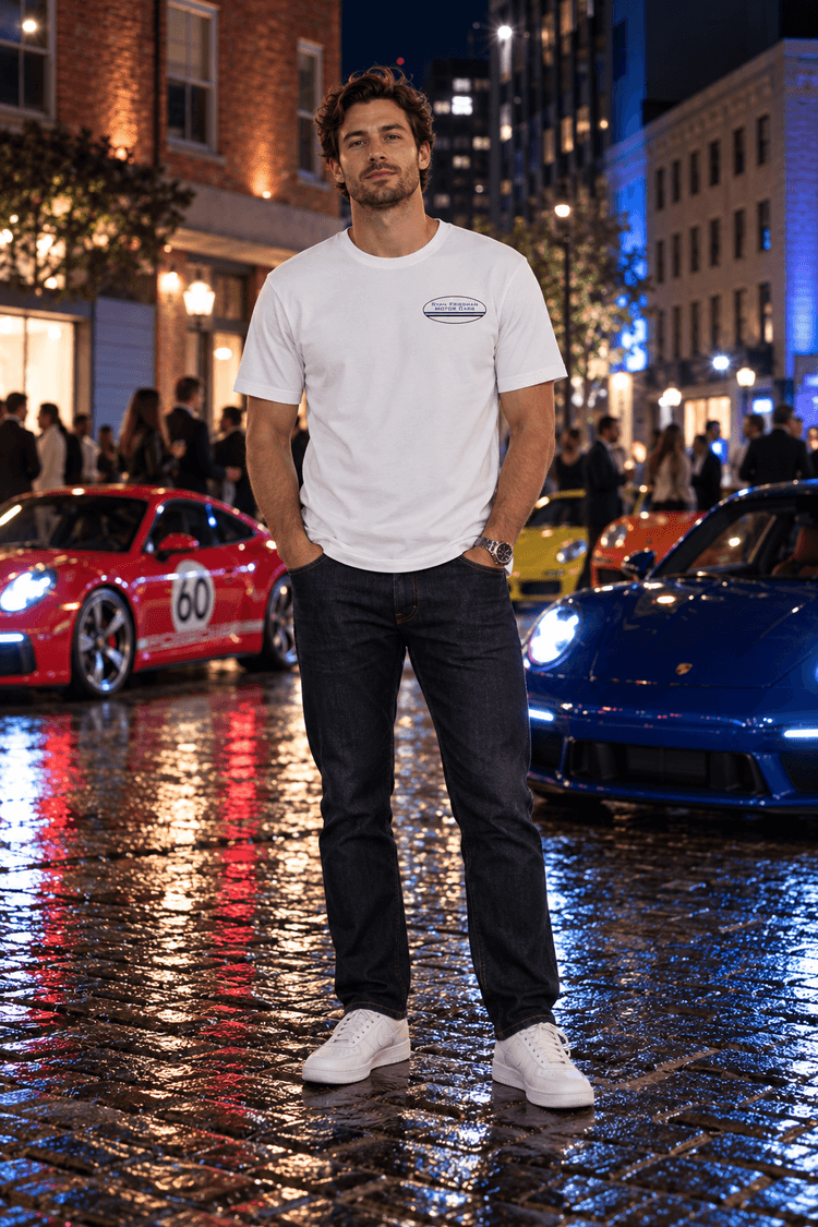 Man wearing the Blue GT3 RS T-Shirt from the front, at a night car meet on a wet cobblestone street