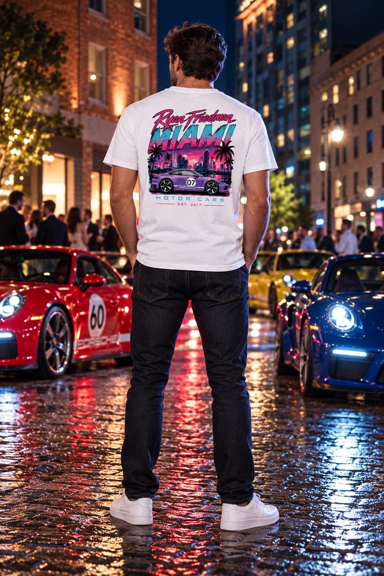 Man wearing the Miami Nights T-Shirt from behind, showing the back print
