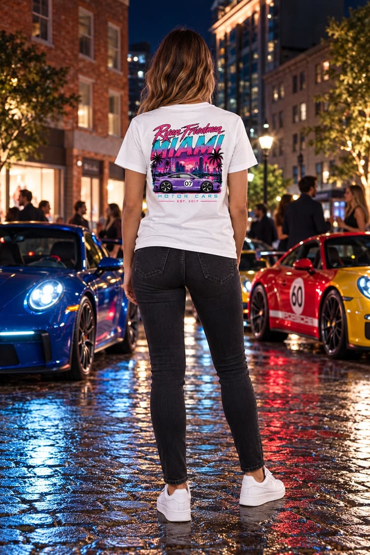 Woman wearing the Miami Nights T-Shirt from behind, showing the back print