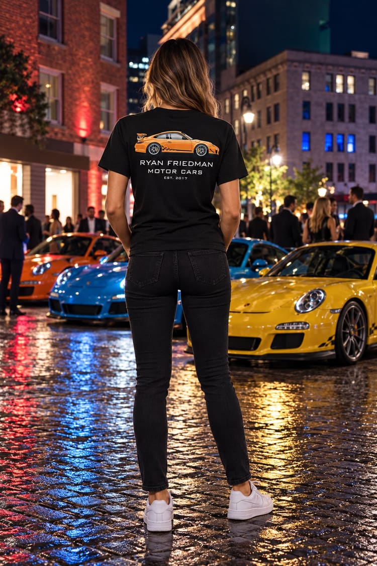 Woman wearing the Orange GT3 RS T-Shirt from behind, showing the back print