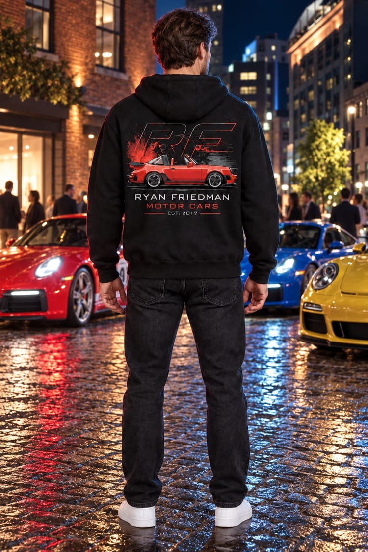 Man wearing the RF Classic 911 Hoodie from behind, showing the back print