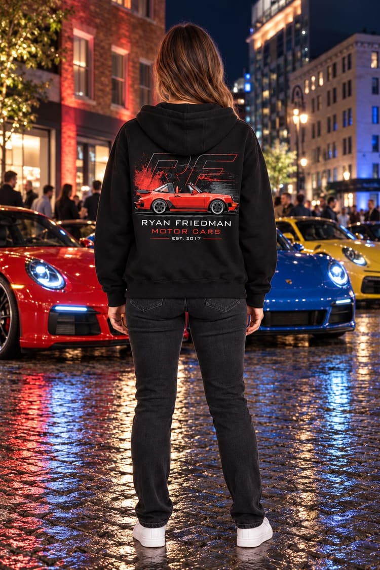Woman wearing the RF Classic 911 Hoodie from behind, showing the back print