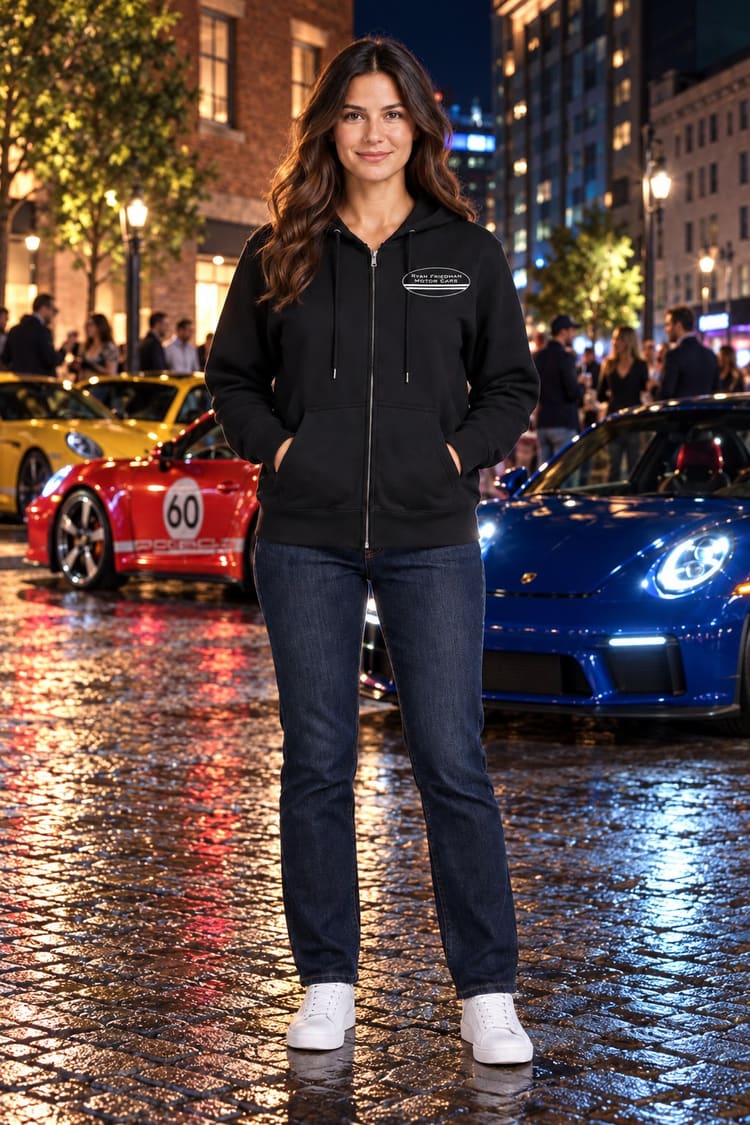 Woman wearing the RF Classic 911 Hoodie from the front