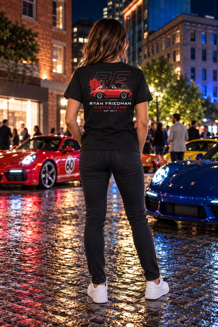 Woman wearing the RF Classic 911 T-Shirt from behind, showing the back print