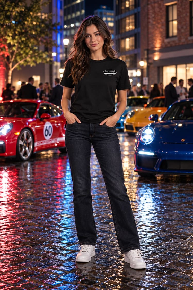 Woman wearing the RF Classic 911 T-Shirt from the front