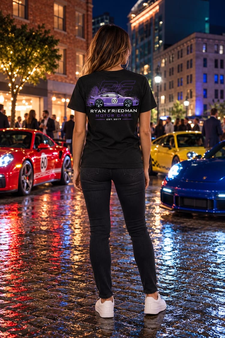 Woman wearing the RF Purple 07 T-Shirt from behind, showing the back print