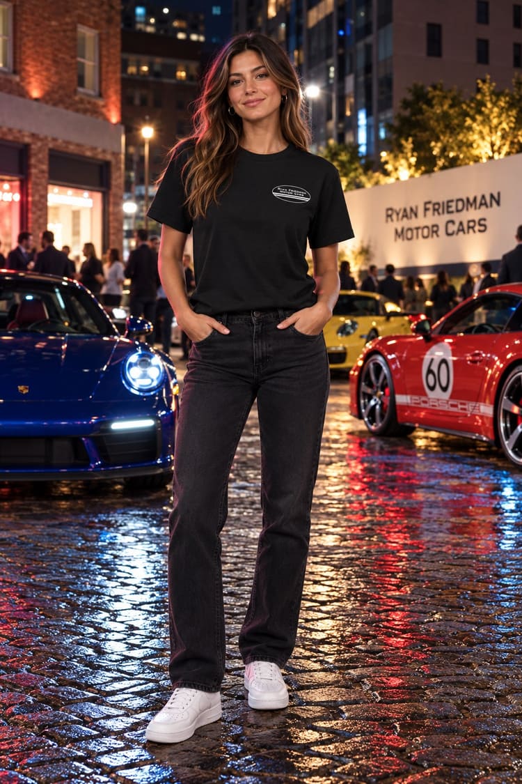Woman wearing the RF Purple 07 T-Shirt from the front