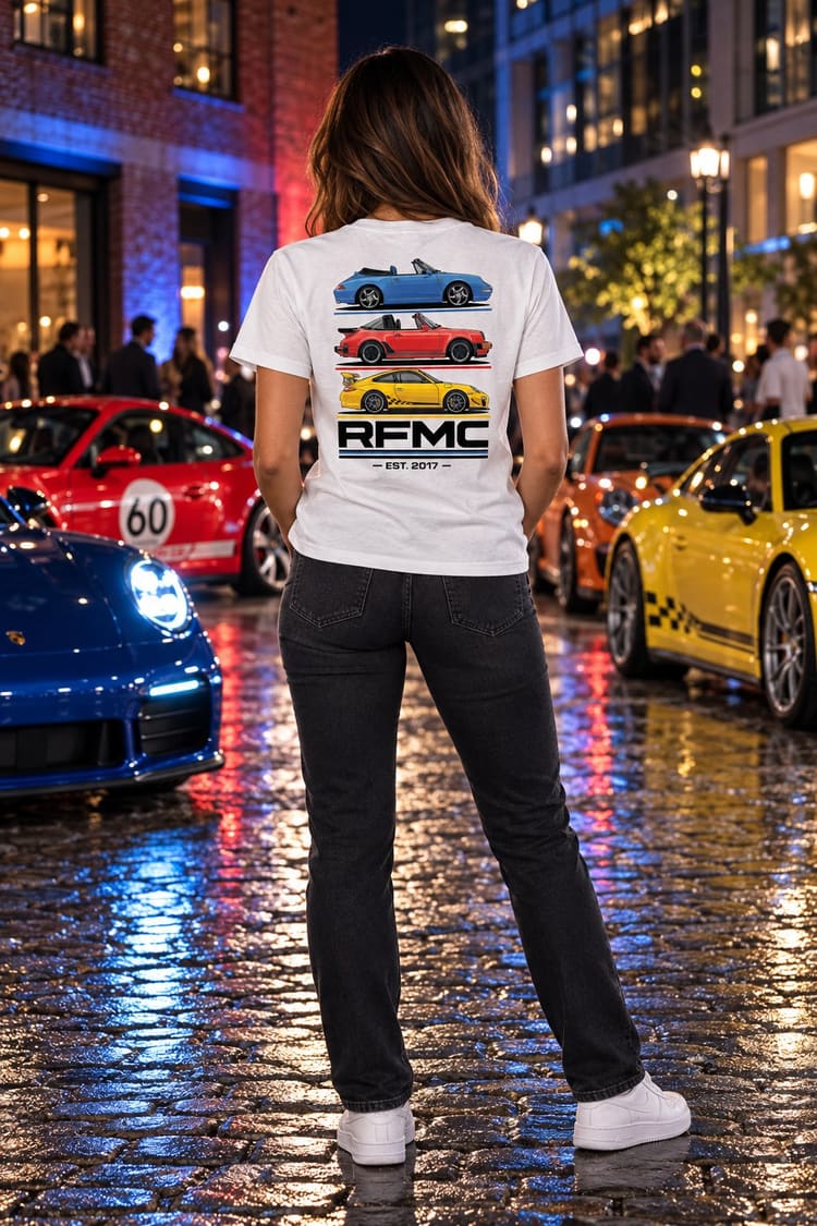 Woman wearing the RFMC Three Car T-Shirt from behind, showing the back print