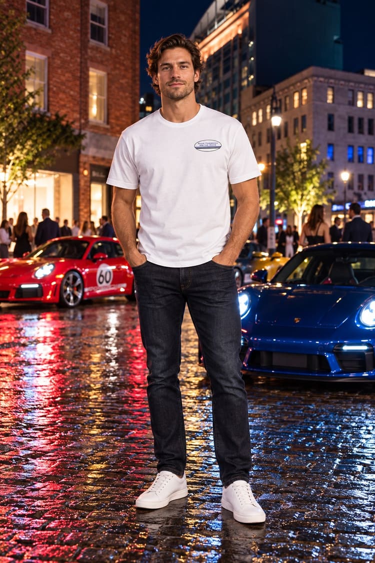Man wearing the RFMC Three Car T-Shirt from the front