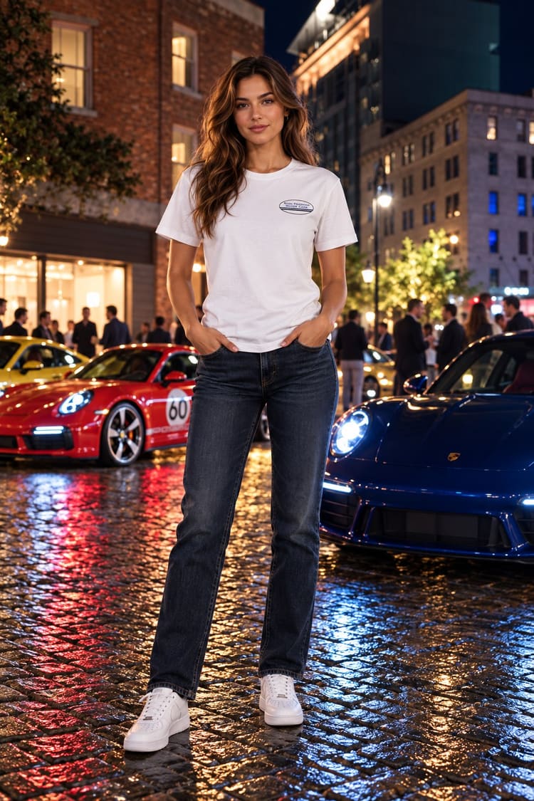 Woman wearing the RFMC Three Car T-Shirt from the front