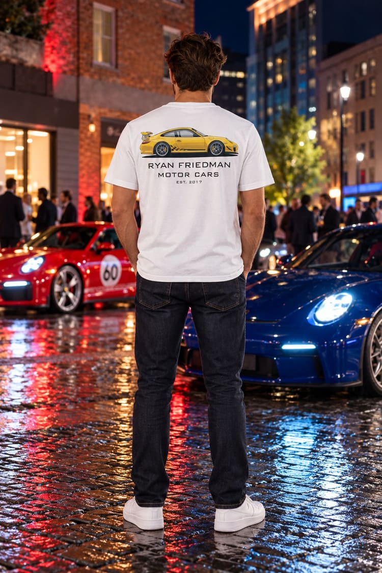 Man wearing the Yellow GT3 RS T-Shirt from behind, showing the back print