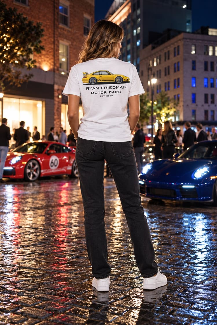 Woman wearing the Yellow GT3 RS T-Shirt from behind, showing the back print