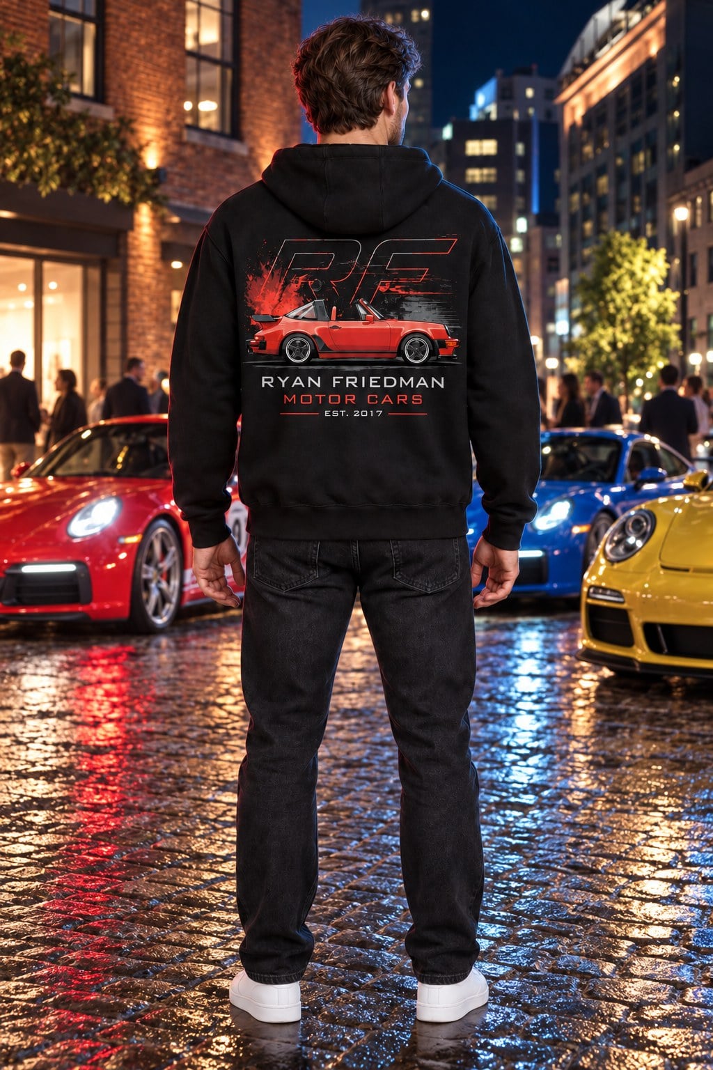 Man wearing the RF Classic 911 Hoodie from behind, showing the back print