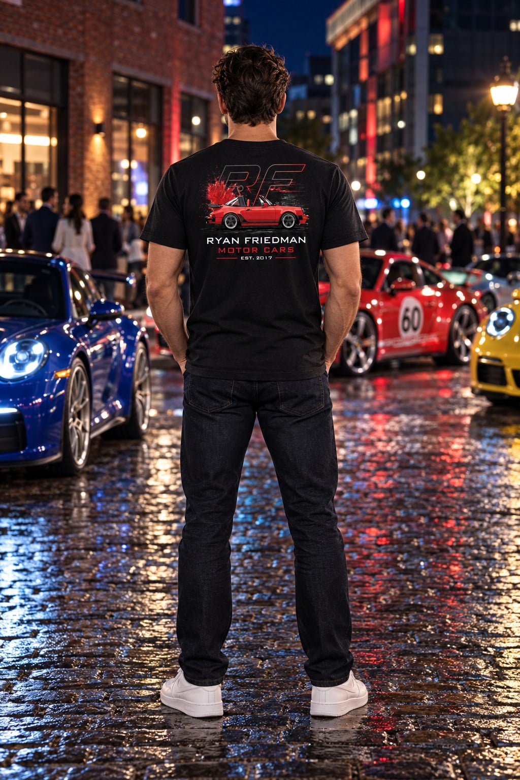 Man wearing the RF Classic 911 T-Shirt from behind, showing the back print