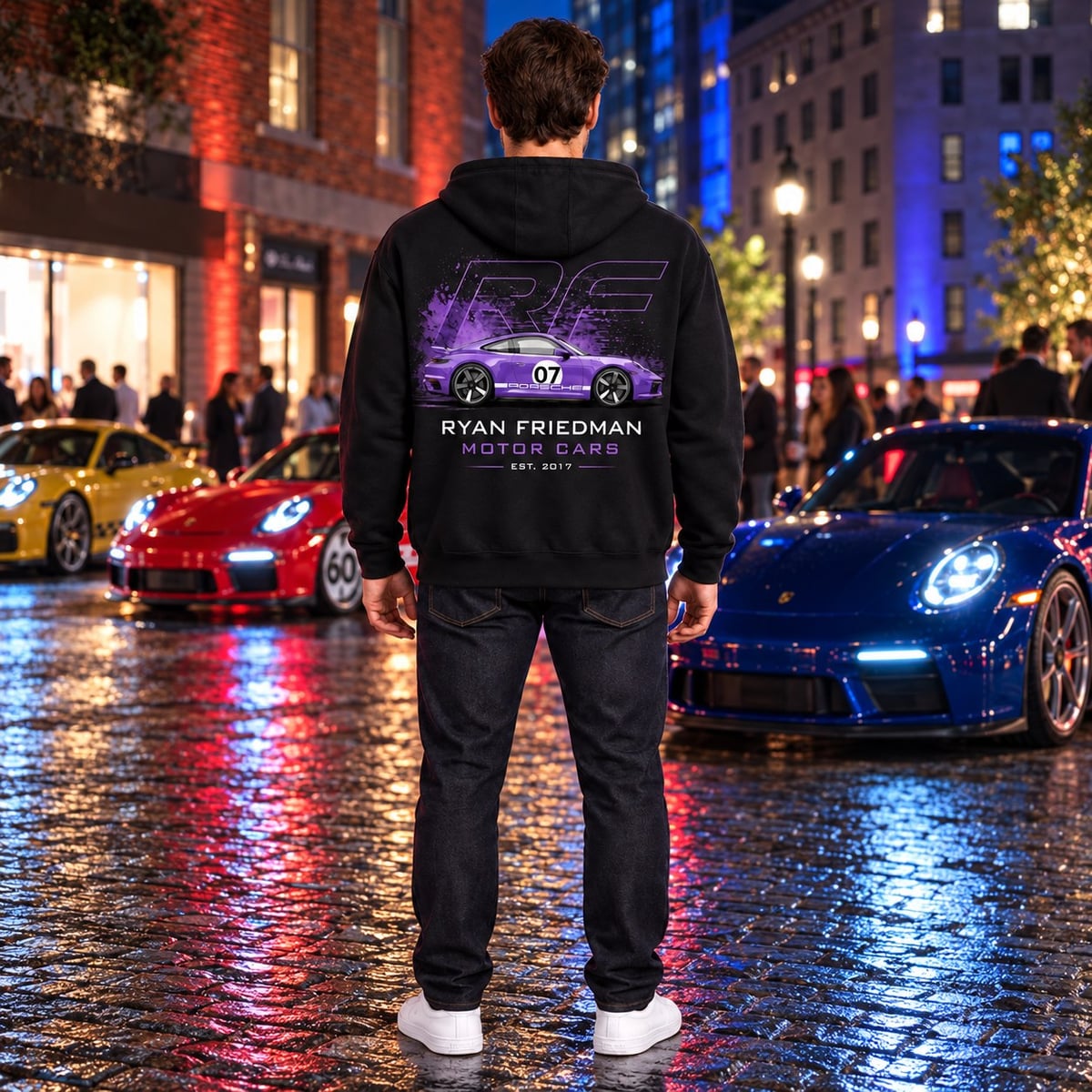 Man wearing the RF Purple 07 Hoodie from behind, showing the back print