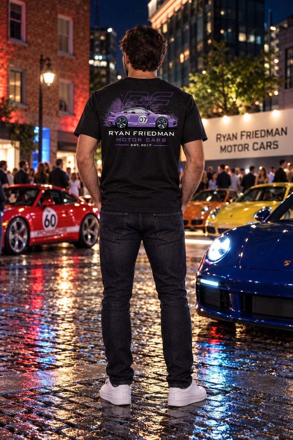 Man wearing the RF Purple 07 T-Shirt from behind, showing the back print