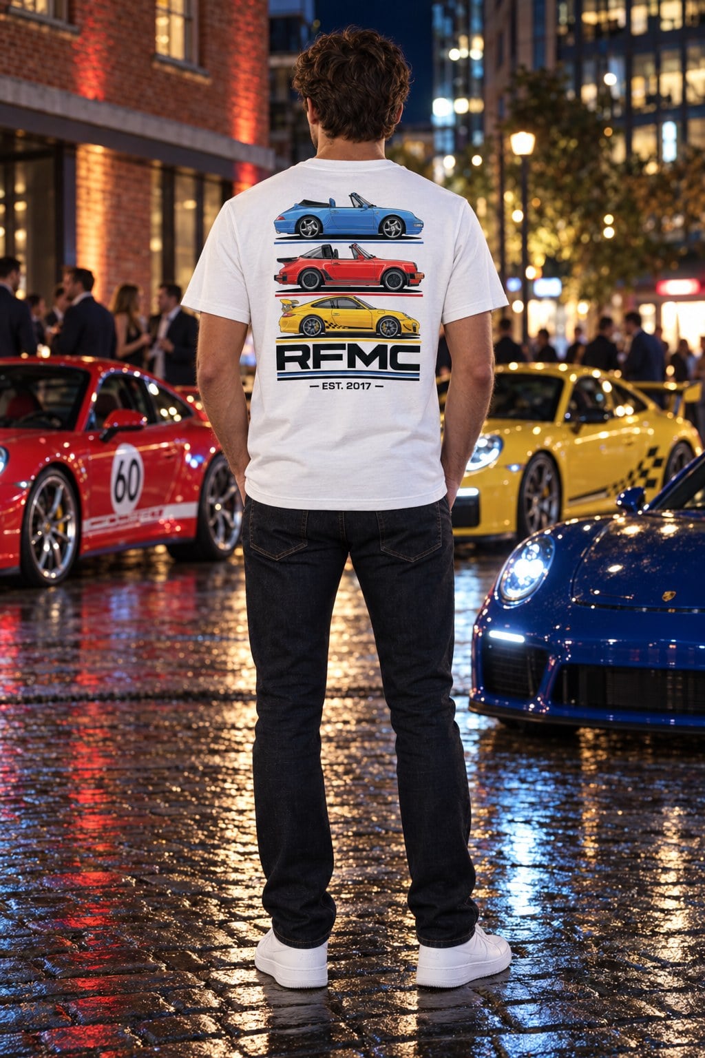 Man wearing the RFMC Three Car T-Shirt from behind, showing the back print