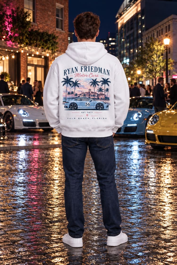 Man wearing the Blue Sport Classic Palm Beach Hoodie from behind, showing the back print