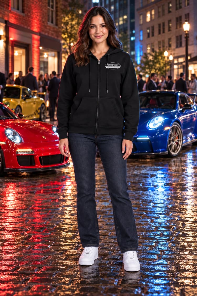 Woman wearing the Miami Nights GT3 Hoodie from the front