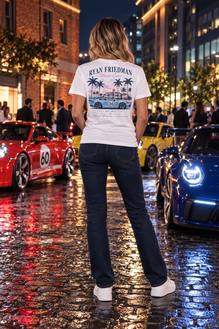 Woman wearing the Palm Beach Sport Classic T-Shirt from behind, showing the back print