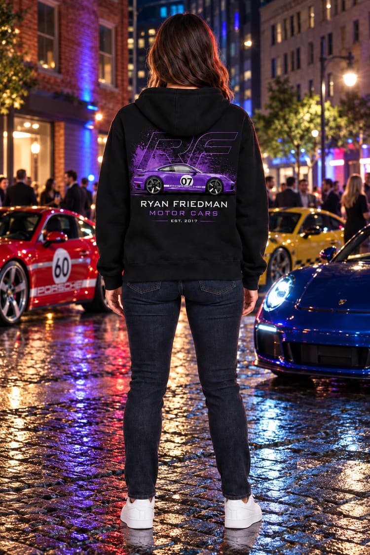Woman wearing the RF Purple 07 Hoodie from behind, showing the back print