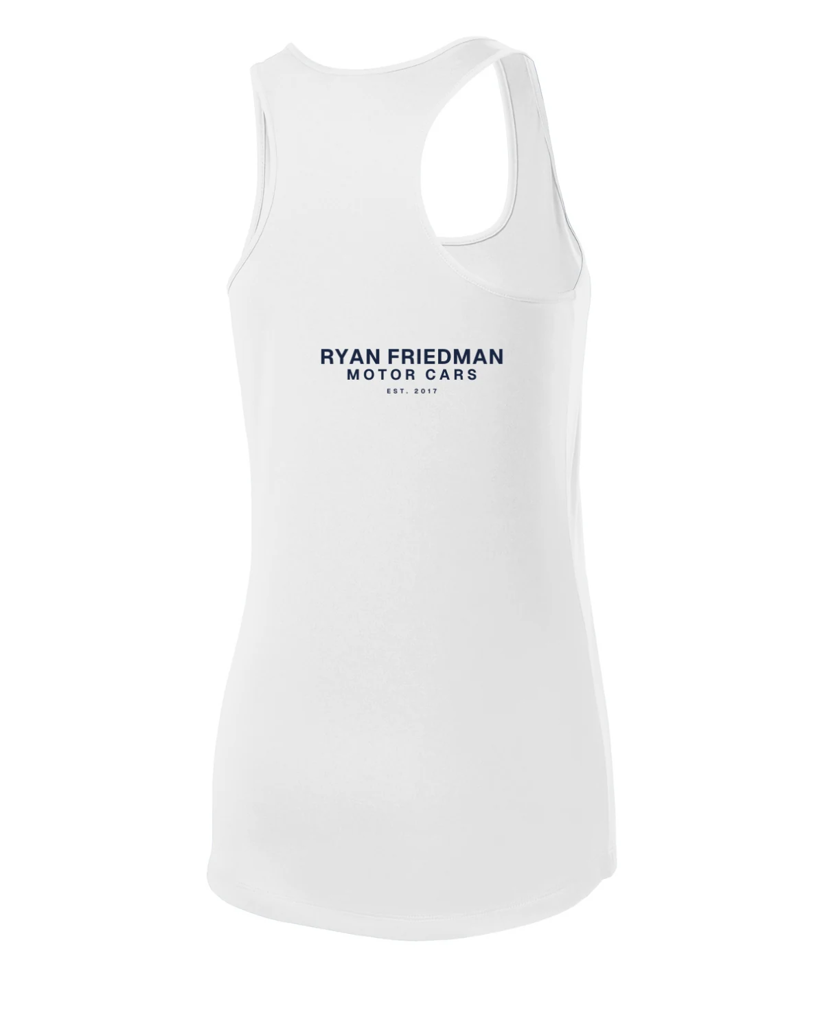 RFMC Racerback Tank, White, back decoration proof